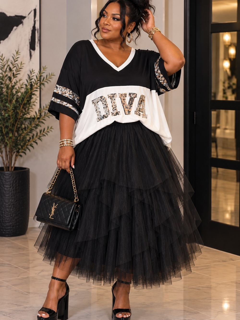 🖤🤍DIVA Sequin Oversized Top | Sporty Glam Statement | Plus Size